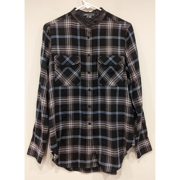 Vince Plaid Button Up Tunic with Leather Trim Mock Neck Collar Size 6 - Picture 1 of 5